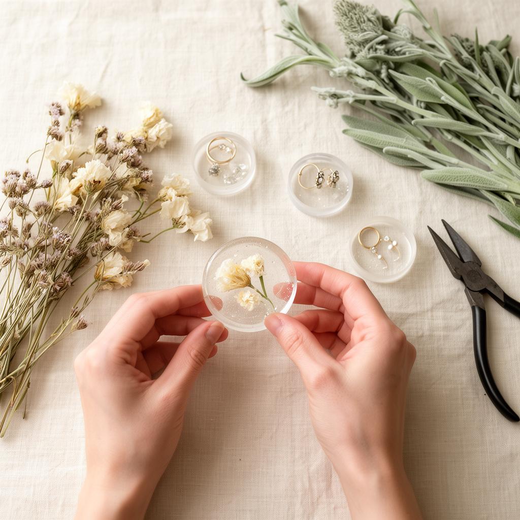 Hands arranging dried botanicals in resin